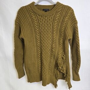 J Crew Wool Blend Cable Knit Fringe Slit Fishermans Sweater, Green,‎ XS, H3677